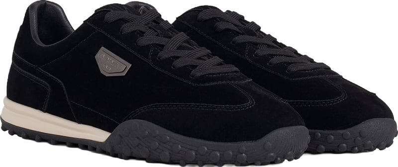 "Zarco" black running shoes in nubuck faux leather with 3D logo plate and low racer sole