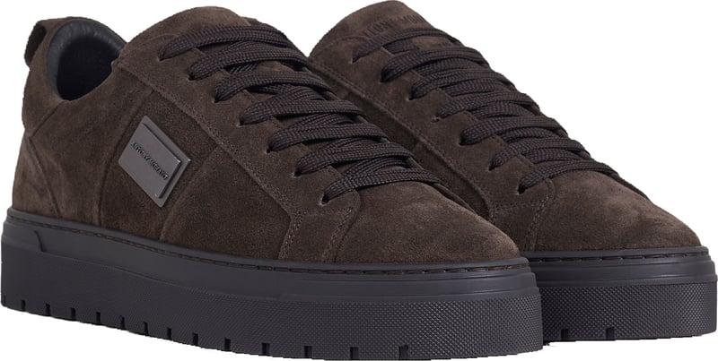"Metal Moose" coffee sneakers in suede with 3D logo plate and platform sole
