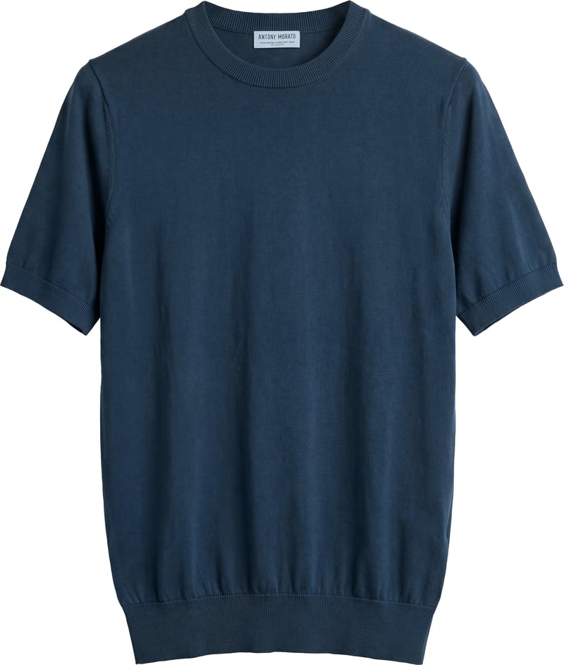 Navy blue regular-fit short-sleeve crew-neck sweater in super-soft wool blend with rubber logo print