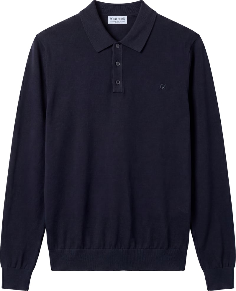 Ink blue regular-fit long-sleeve buttoned knit polo in super-soft wool blend with rubber print