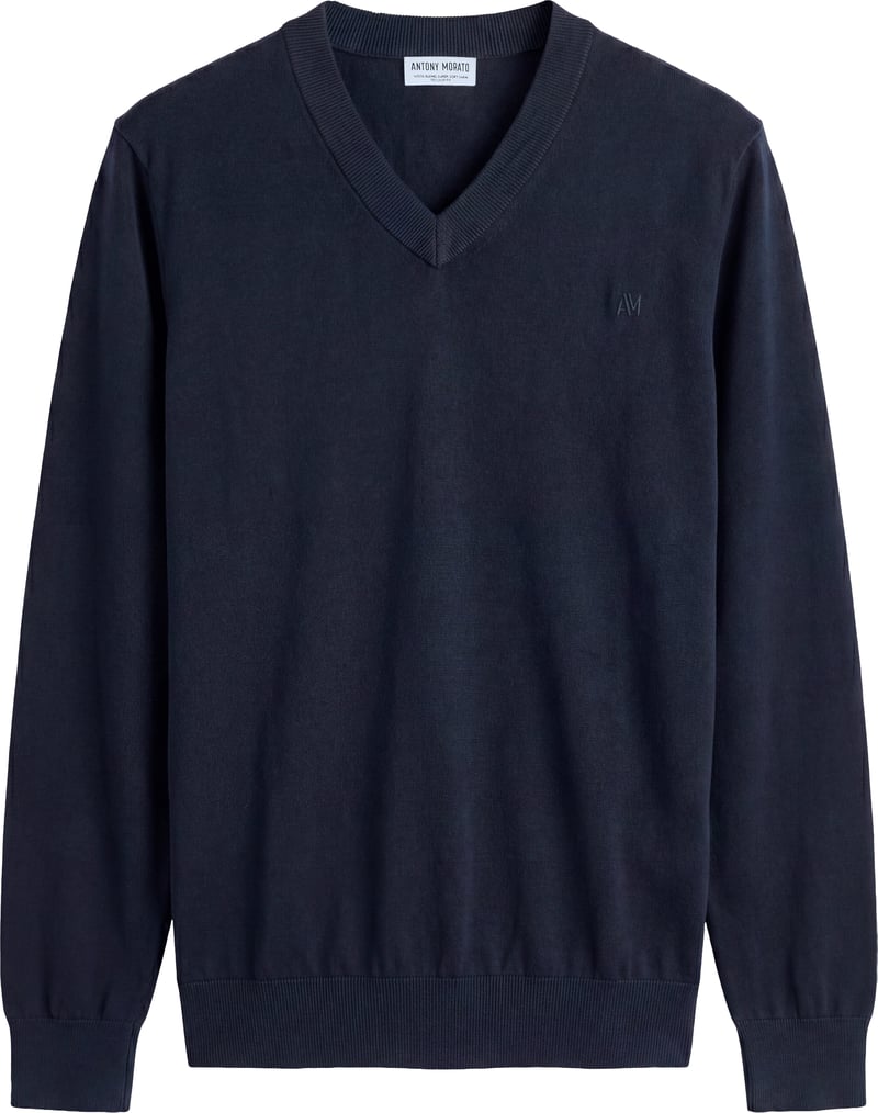 Ink blue regular-fit long-sleeve V-neck sweater in super-soft wool blend
