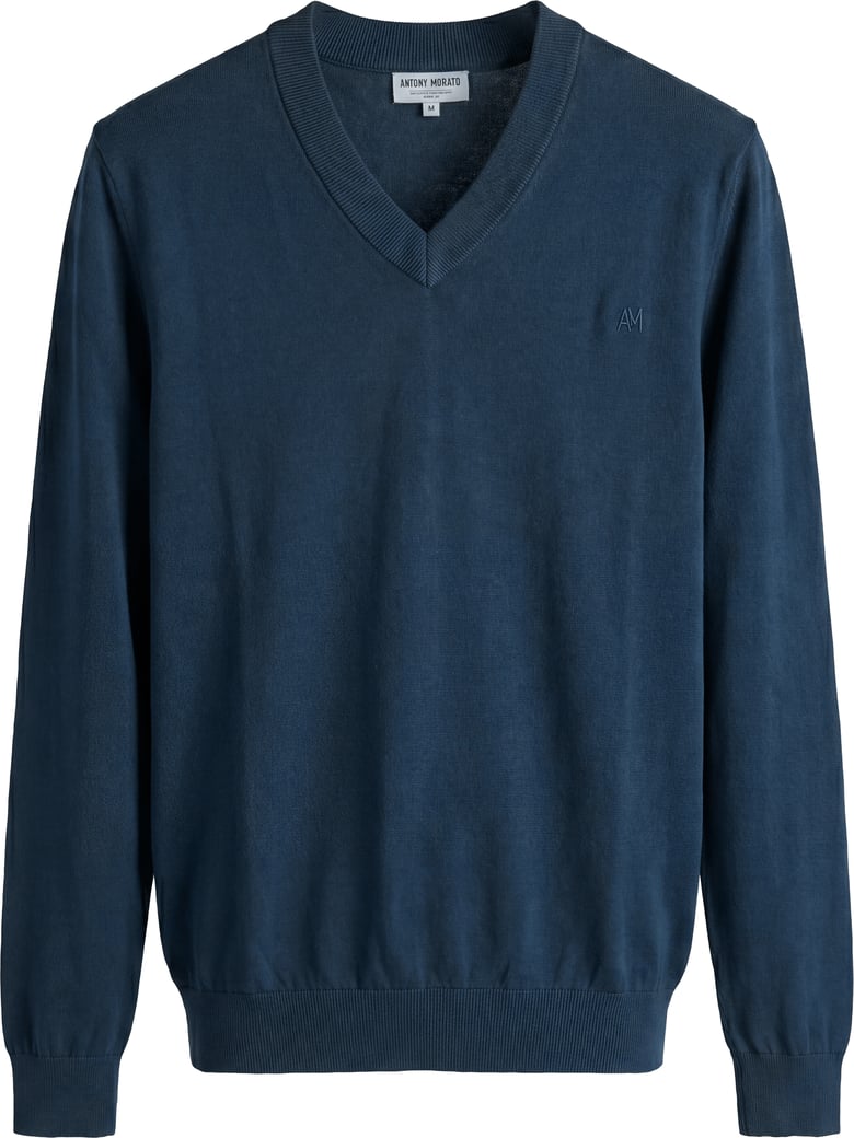Navy blue regular-fit long-sleeve V-neck sweater in super-soft wool blend