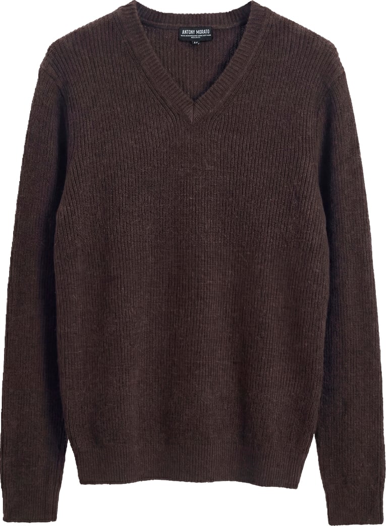 Coffee regular-fit long-sleeve V-neck sweater in wool-mohair blend