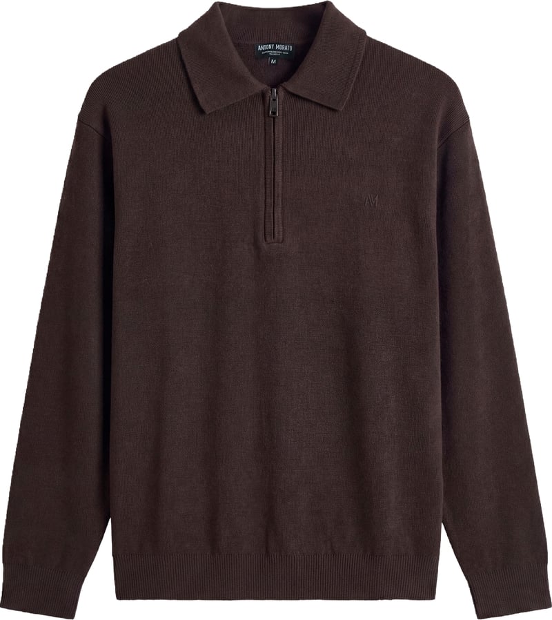 Coffee relaxed-fit long-sleeve zip knit polo in cotton-wool blend