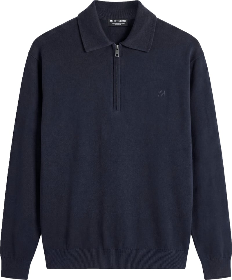 Marine relaxed-fit long-sleeve zip knit polo in cotton-wool blend
