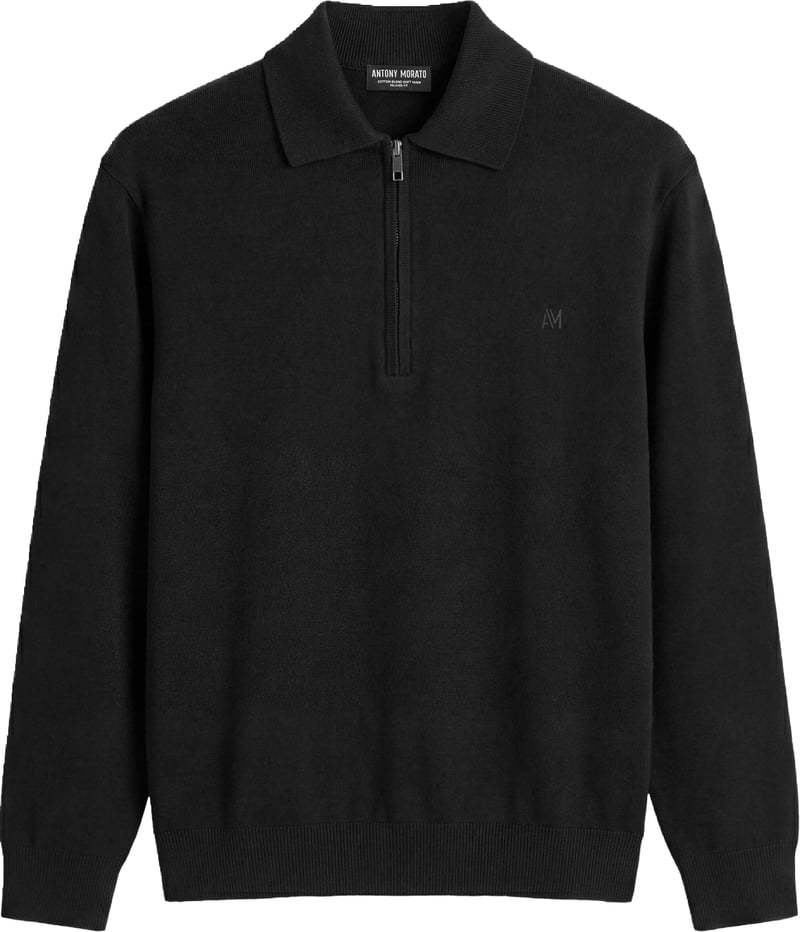 Black relaxed-fit long-sleeve zip knit polo in cotton-wool blend