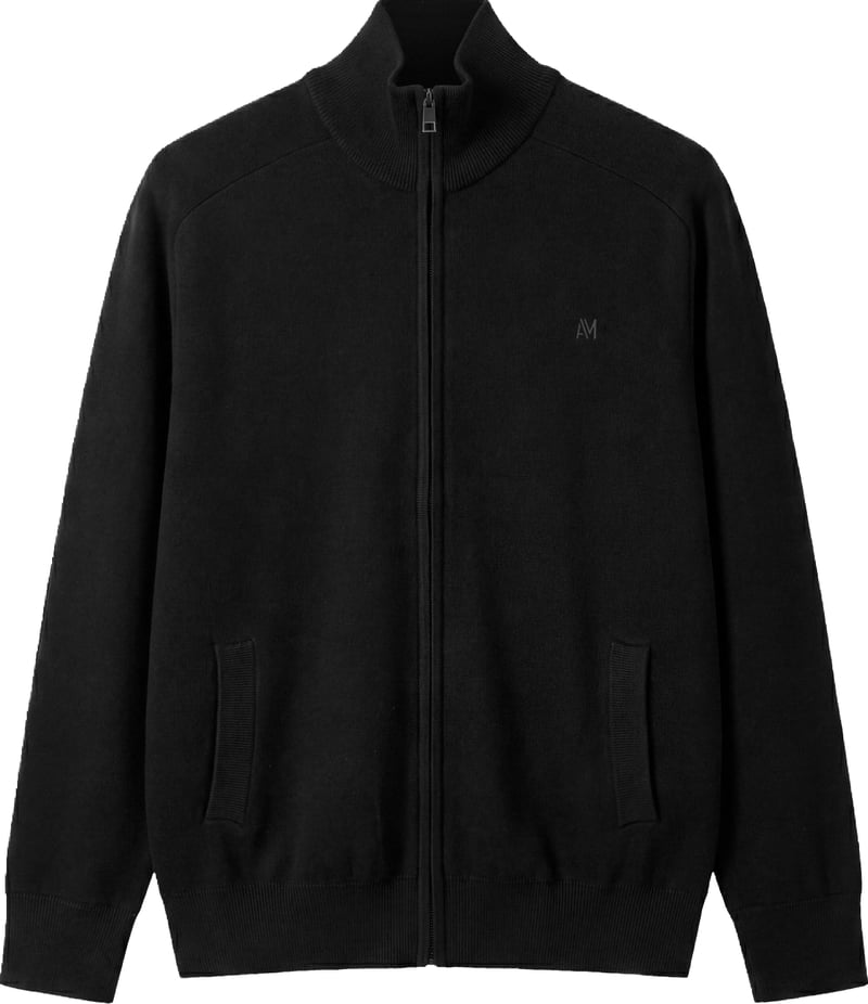 Black relaxed-fit zip cardigan in cotton-wool blend with ribbed knit
