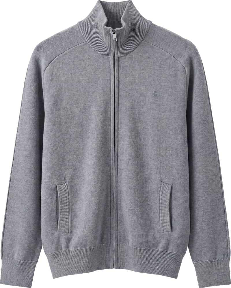 Medium grey melange relaxed-fit zip cardigan in cotton-wool blend with ribbed knit