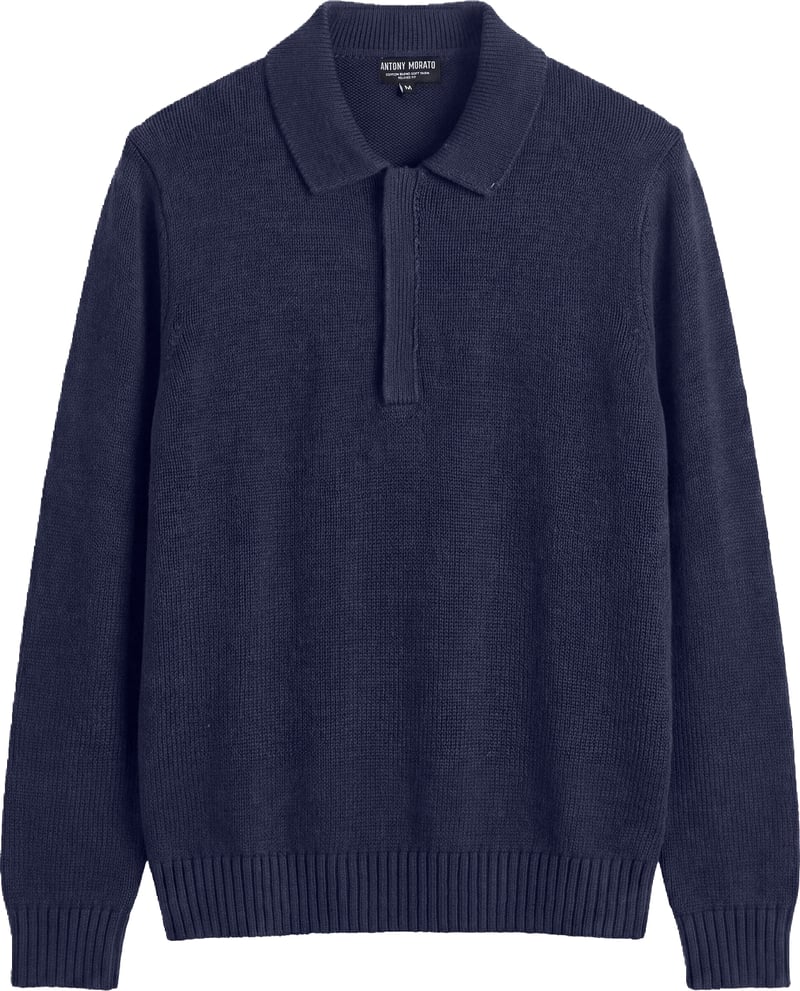 Marine relaxed-fit long-sleeve zip knit polo in cotton-acrylic-wool blend