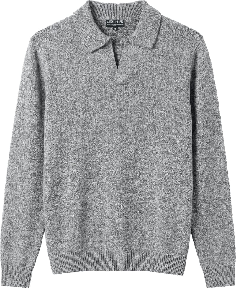 Medium grey melange relaxed-fit long-sleeve knit polo in techno wool blend