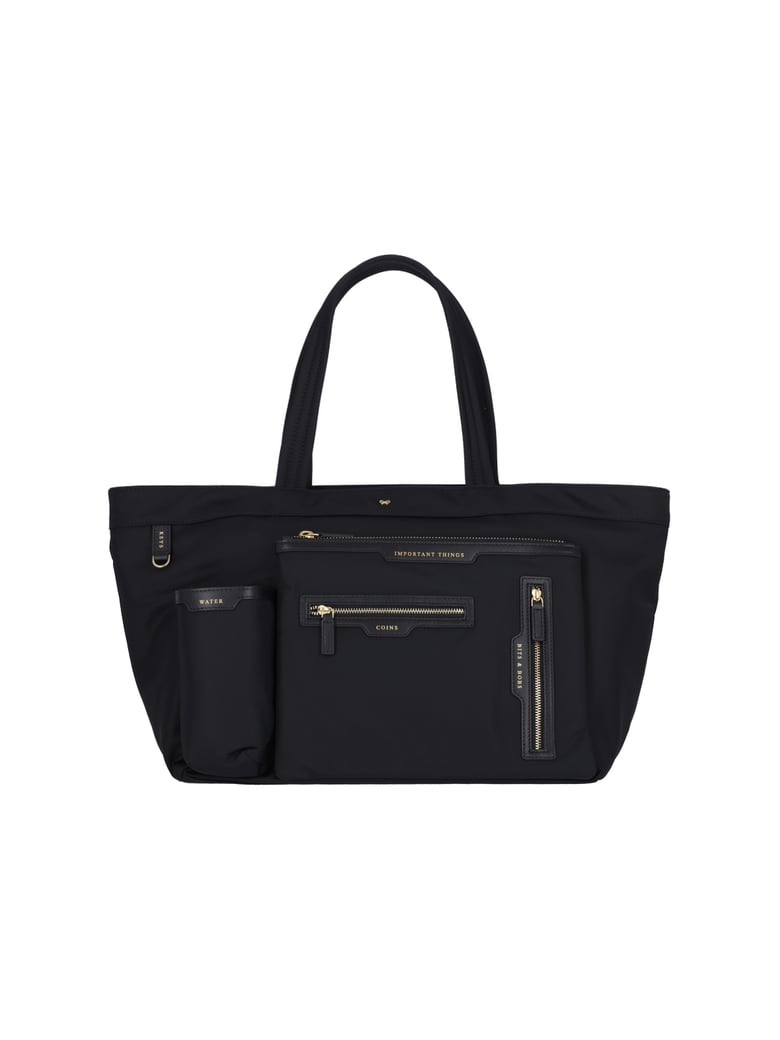 Black Multi-Pocket Nylon Zip Tote Bag