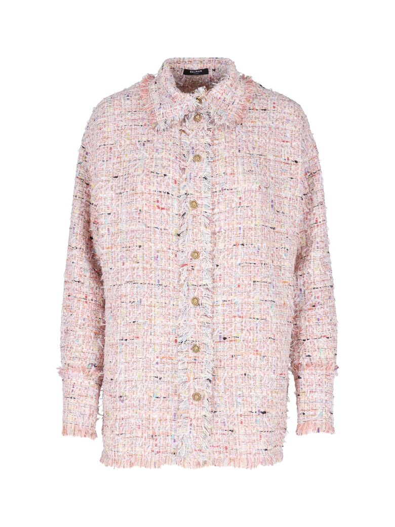 Multicolor Tweed Long-Sleeved Shirt with Gold-Tone Buttons