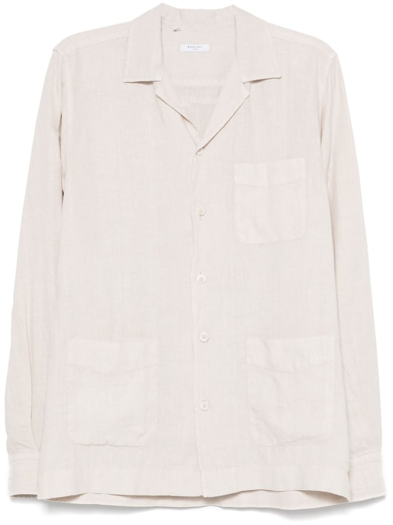 Relaxed Fit Linen Shirt with Camp Collar and Functional Pockets
