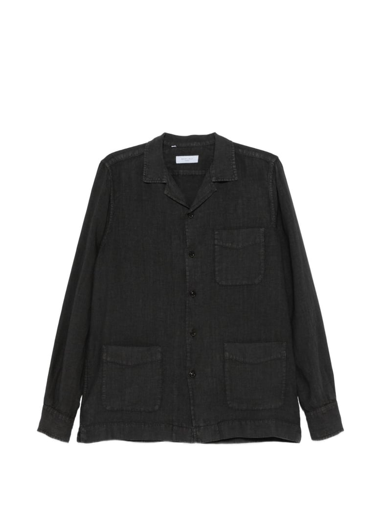 Relaxed Fit Black Linen Shirt with Classic Collar and Functional Pockets