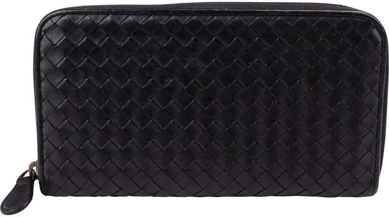 Bottega Veneta Black Intrecciato Leather Zip Around Wallet