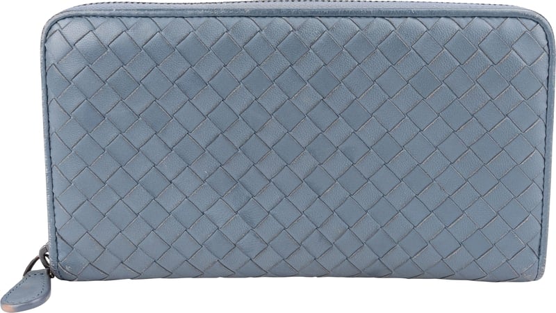 Bottega Veneta Blue Intrecciato Zip Around Wallet