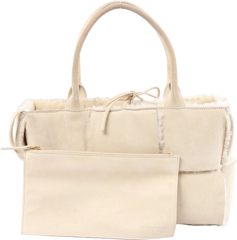 Bottega Veneta Arco Maxi Intrecciato Leather x Shearling Handbag in Beige
