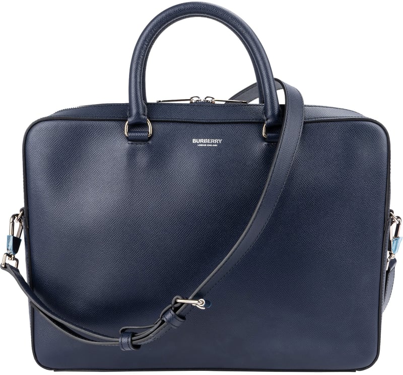 Burberry Blue Pebbled Leather Briefcase Handbag