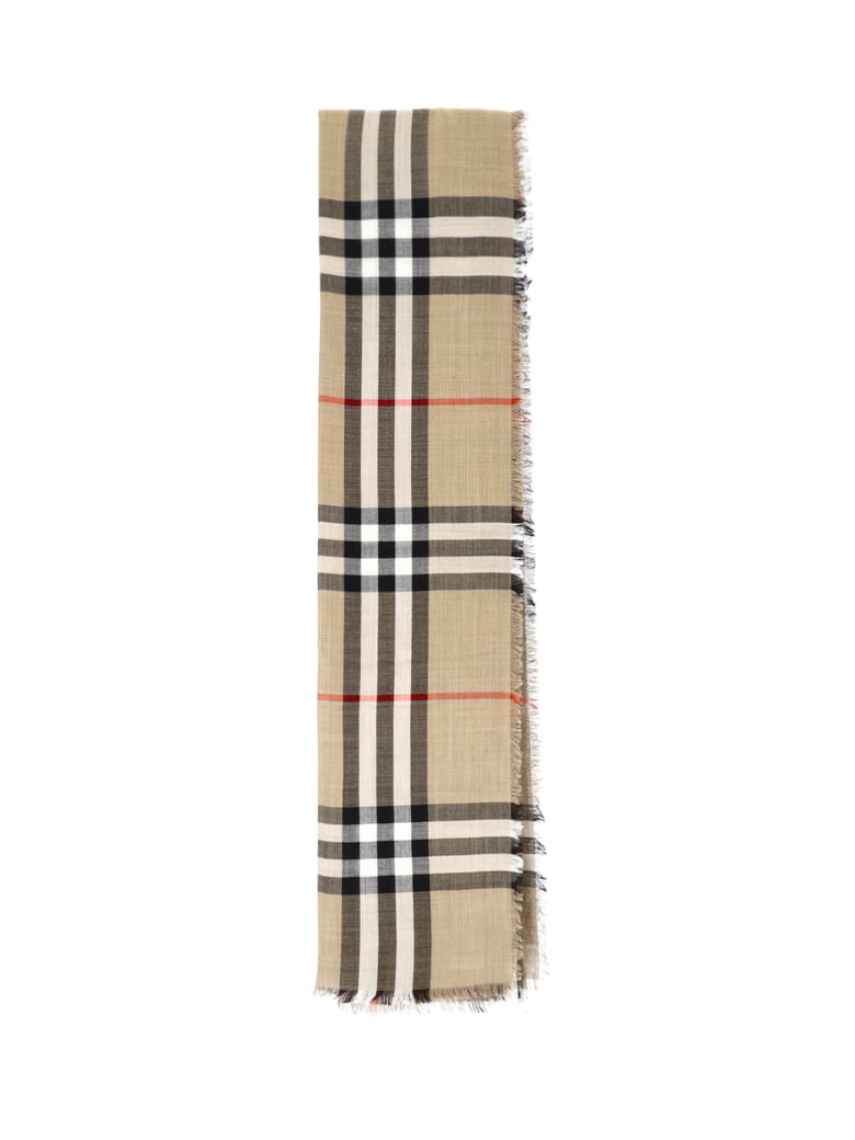 Beige Wool-Silk Check Scarf with Fringed Edges