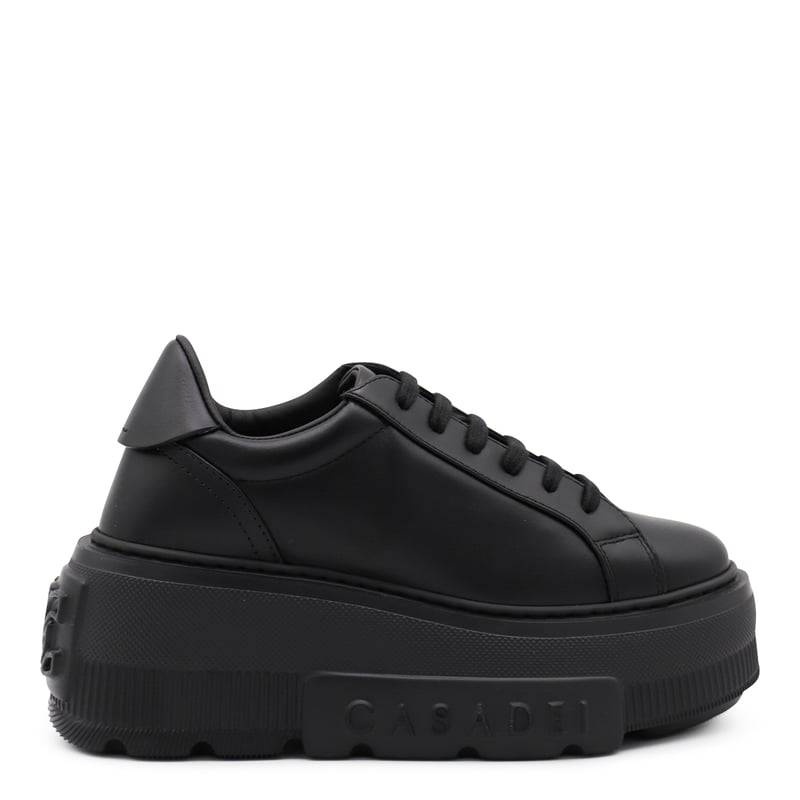 Black Leather Lettering Logo Sneakers