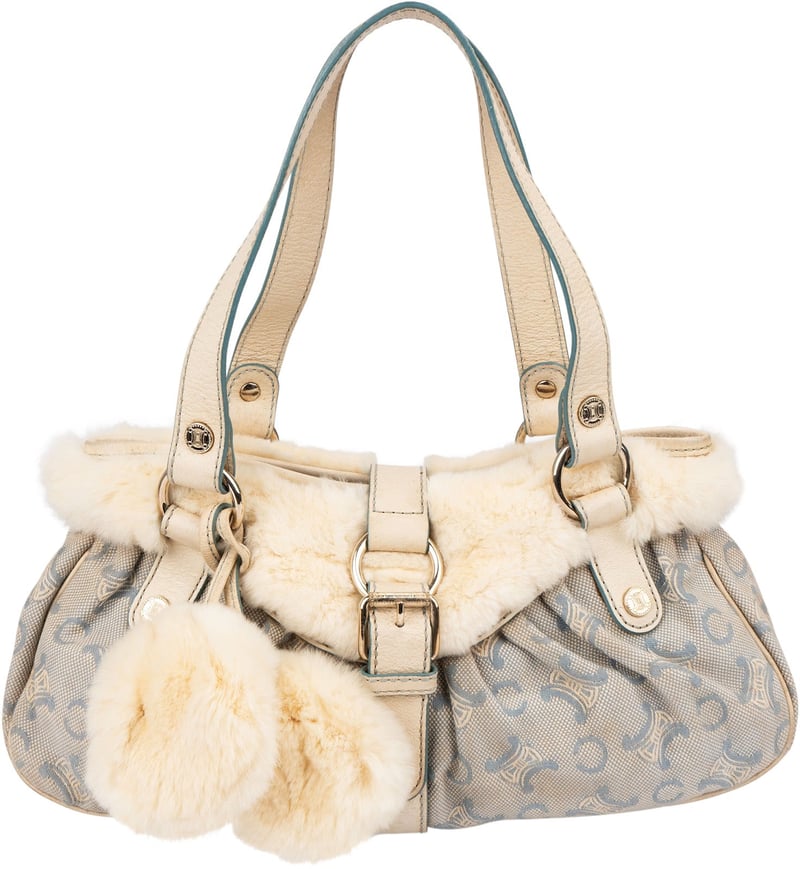Celine Light Blue Macadam Monogram Canvas Rabbit Fur Shoulder Bag