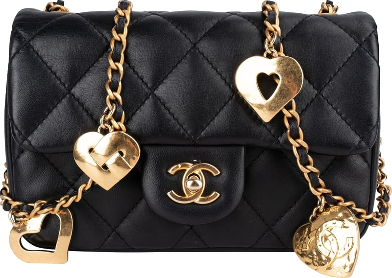 Chanel Quilted Lambskin Heart Charms Mini Rectangular Single Flap Crossbody Bag