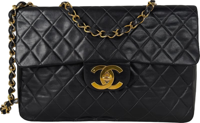 Chanel Vintage Jumbo XL Single Flap Bag Lambskin Black Gold