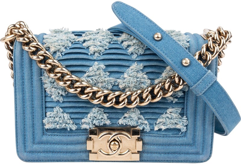 Chanel Denim Frayed Chevron Pleated Small Boy Crossbody Bag