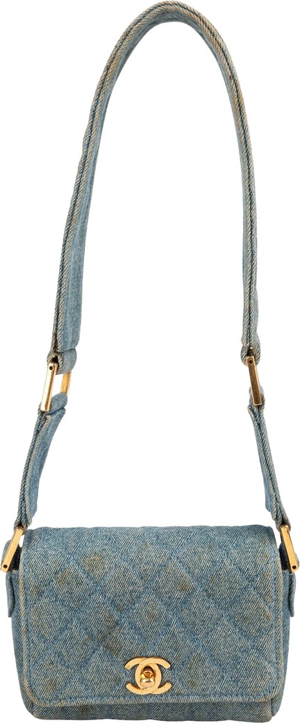 Chanel Iconic Quilted Denim 24K Gold Single Flap Runaway Shoulder Bag