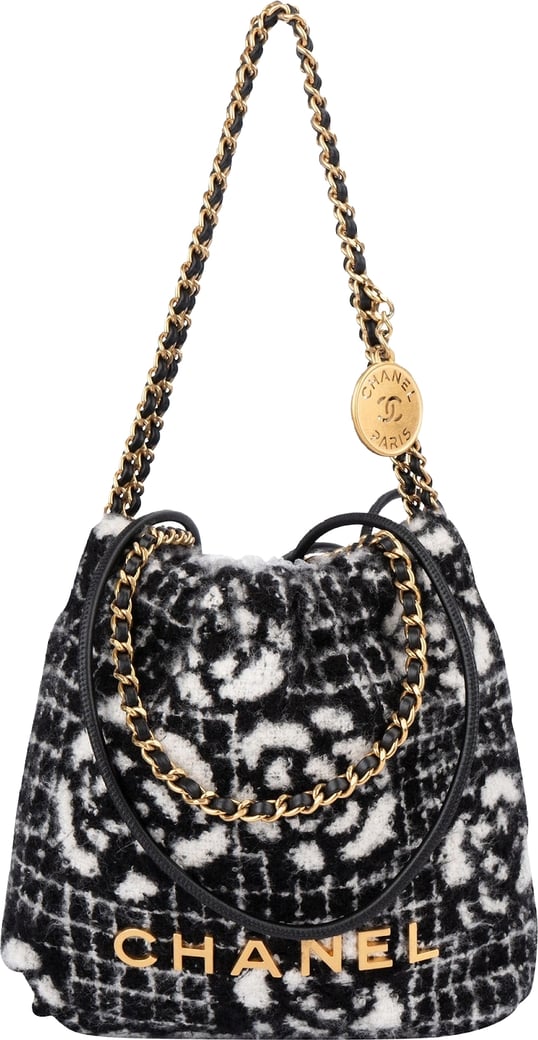Chanel 22 Cashmere Checkered Rose Pattern Bucket Small Crossbody Handbag