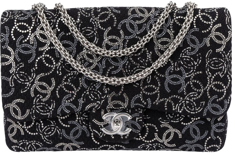 Chanel Sequin Tweed Palladium CC Jumbo Double Flap Crossbody Bag