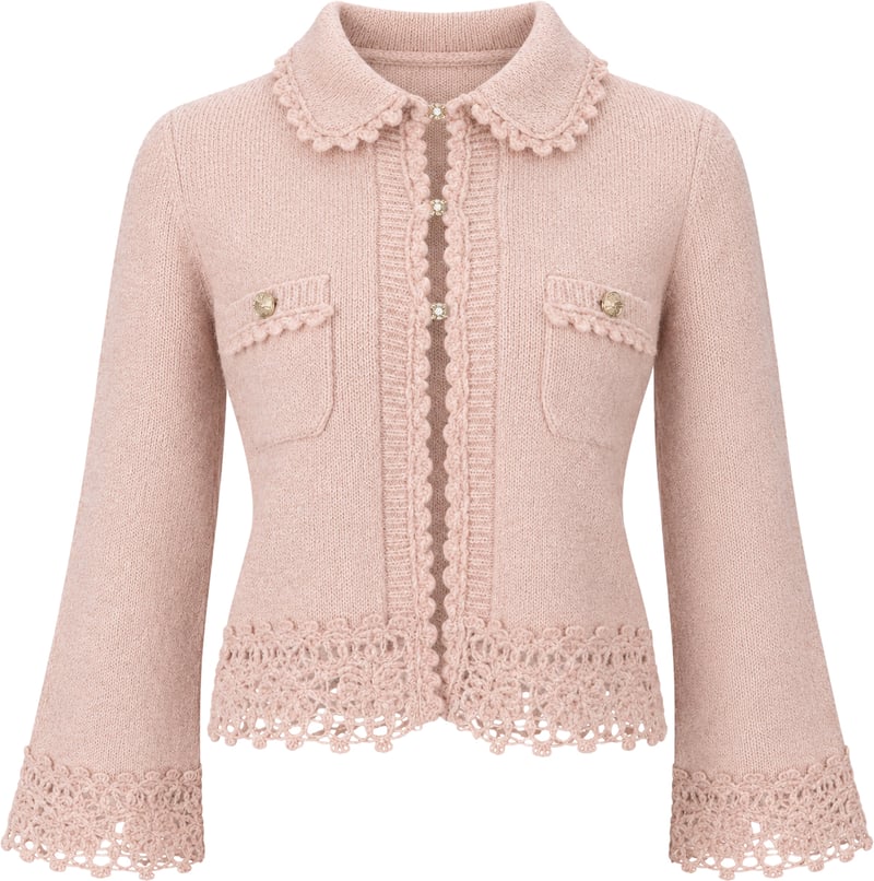 Chanel 2026SS Pink Cashmere CC Buttons Crochet Cropped Cardigan (FR36)