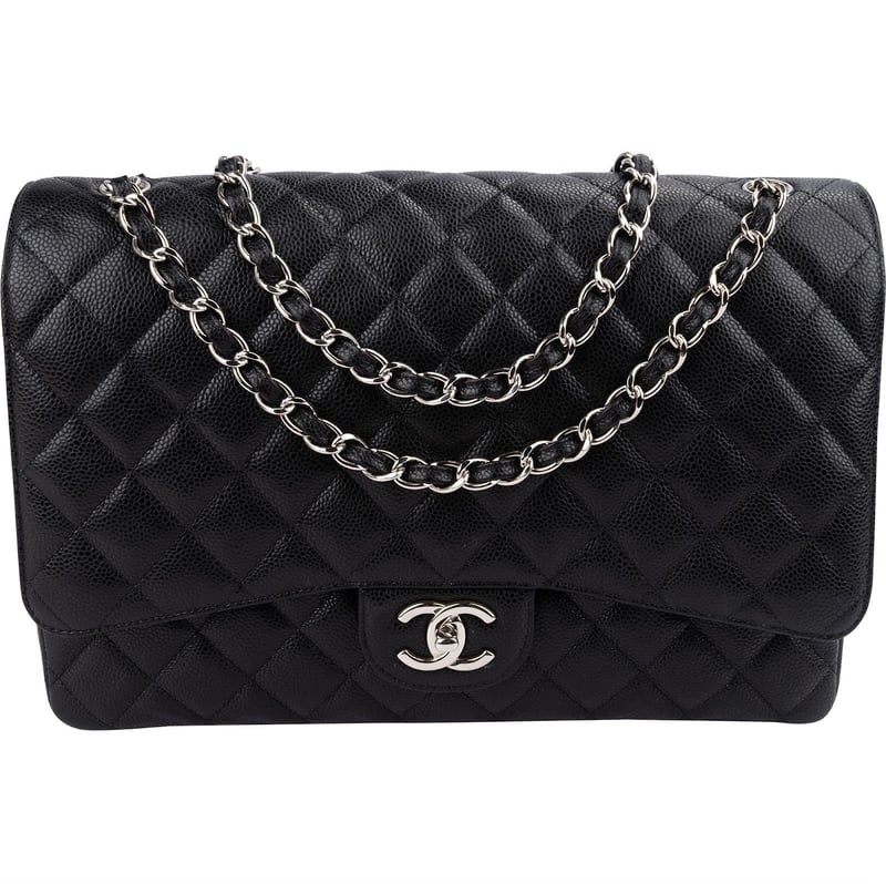 Chanel Quilted Caviar Leather Palladium Maxi Double Flap Crossbody Bag