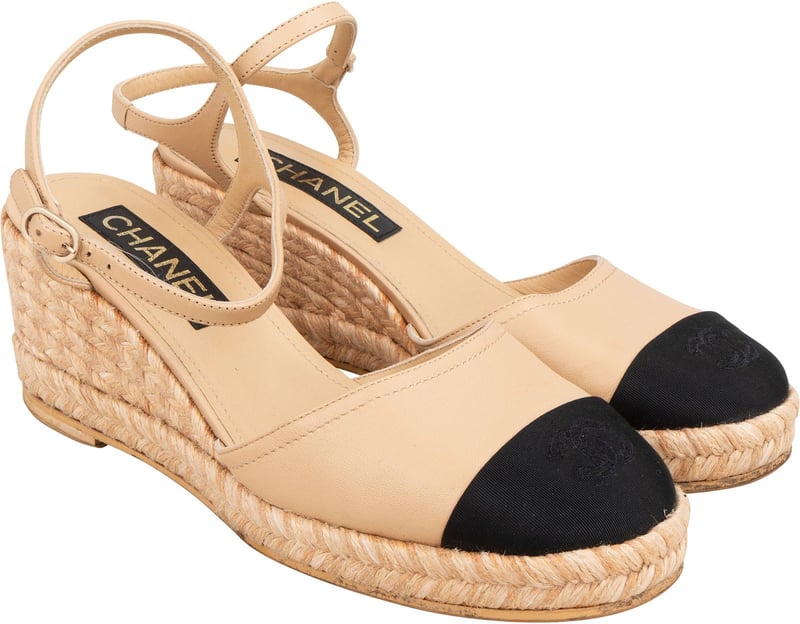 Chanel Beige Leather Cap Toe CC Tweed Wedge Espadrilles Sandals (40)