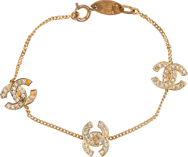 Chanel Vintage 1982 Crystal CC Emblem Charm Bracelet Armband