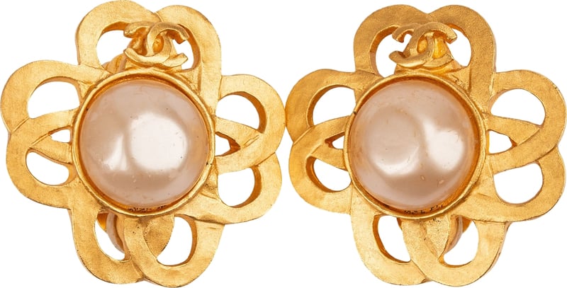 Chanel Gold Tone CC Clover Faux Pearl 1995 Clip-On Earrings