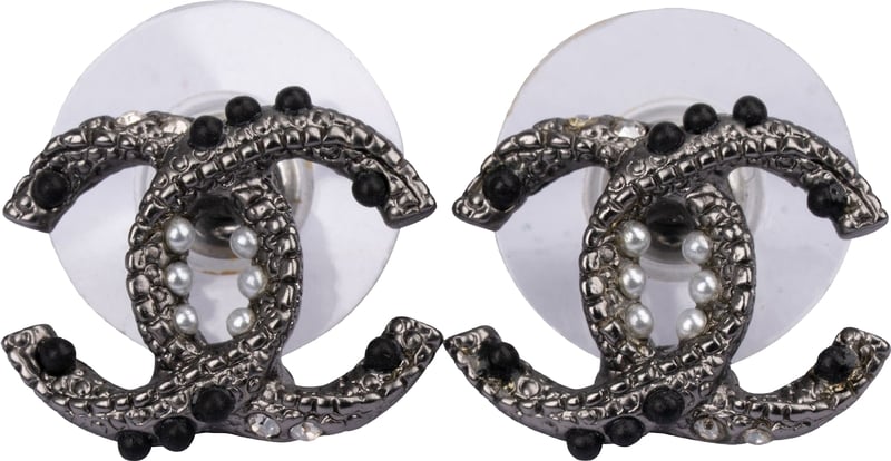 Chanel Ruthenium Textured CC Pearl & Strass Stud Earrings