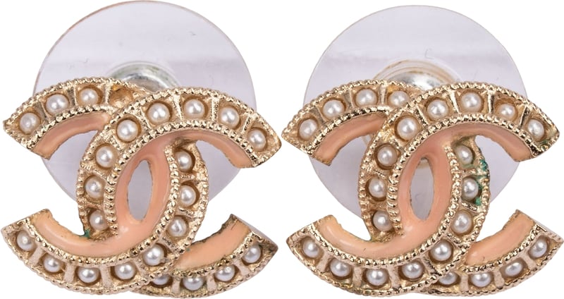 Chanel CC Pearl Enamel Stud Mini Earrings