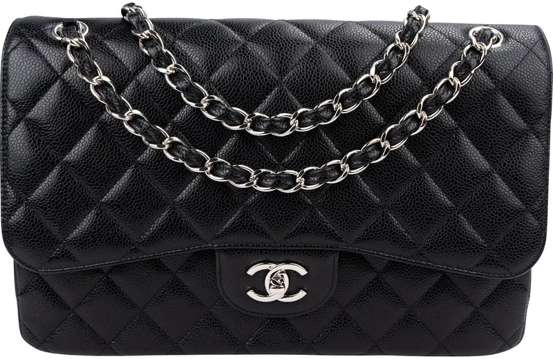 Chanel Quilted Caviar Leather Palladium Jumbo Double Flap Crossbody Bag