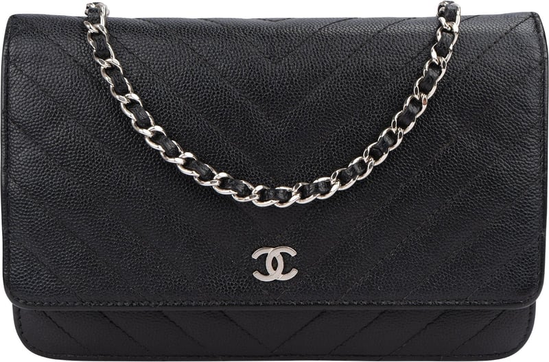Chanel Caviar Chevron Leather Palladium Wallet On Chain Crossbody Bag
