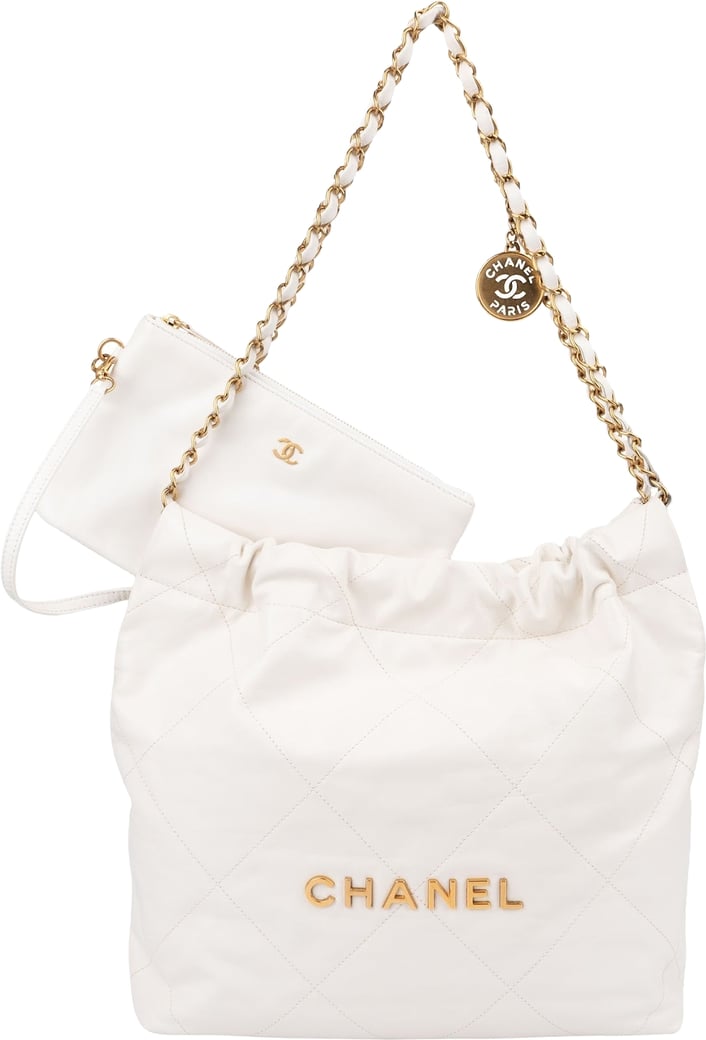 Chanel 22 White Quilted Lambskin Maxi Drawstring Shoulder Bag
