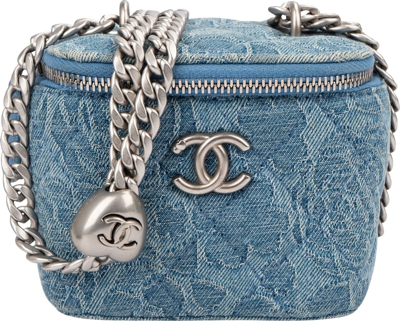 Chanel Quilted Denim Camellia Monogram Adjustable Mini Vanity Case Crossbody Bag
