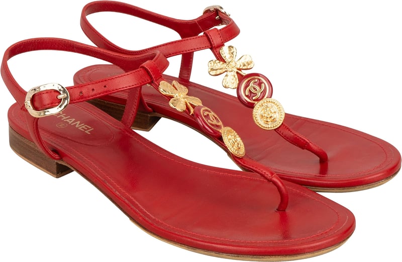 Chanel Red Leather CC Clover Medallion Thong Sandals (38)