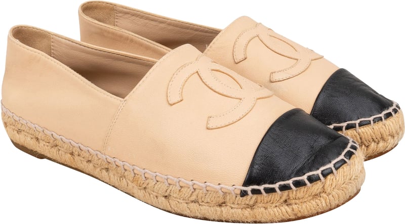 Chanel Beige Leather CC Cap Toe Espadrilles Shoes (37)