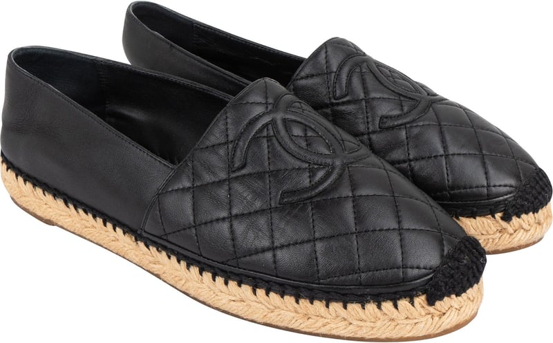 Chanel Black Leather Quilted Lambskin Espadrilles Shoes (40)