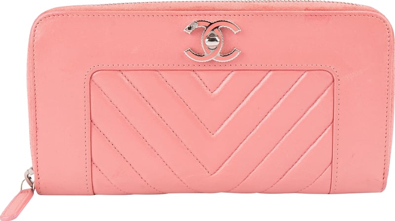 Chanel Pink Chevron Quilted Leather Zip Around Wallet