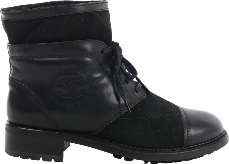 Chanel Coco Mark Matelasse Leather & Suede Ankle Boots in Black G29476, Size EU 39