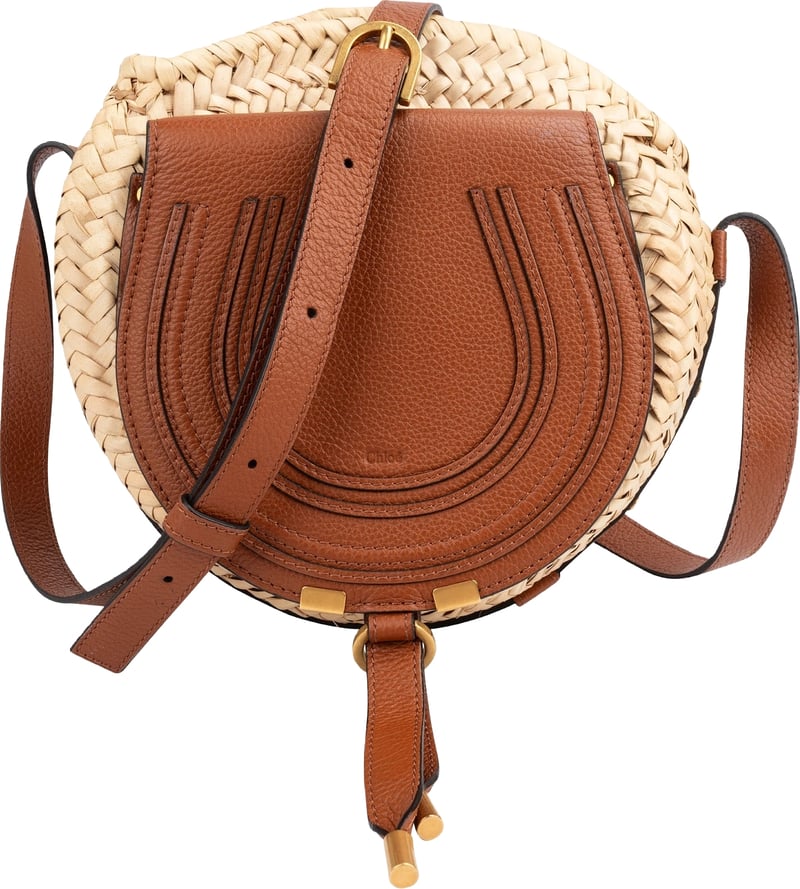 Chloé Raffia Grained Calfskin Marcie Small Round Saddle Crossbody Bag