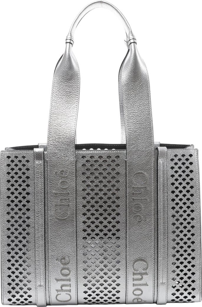 Chloe Woody Medium Leather Tote Shoulder Bag in Silver