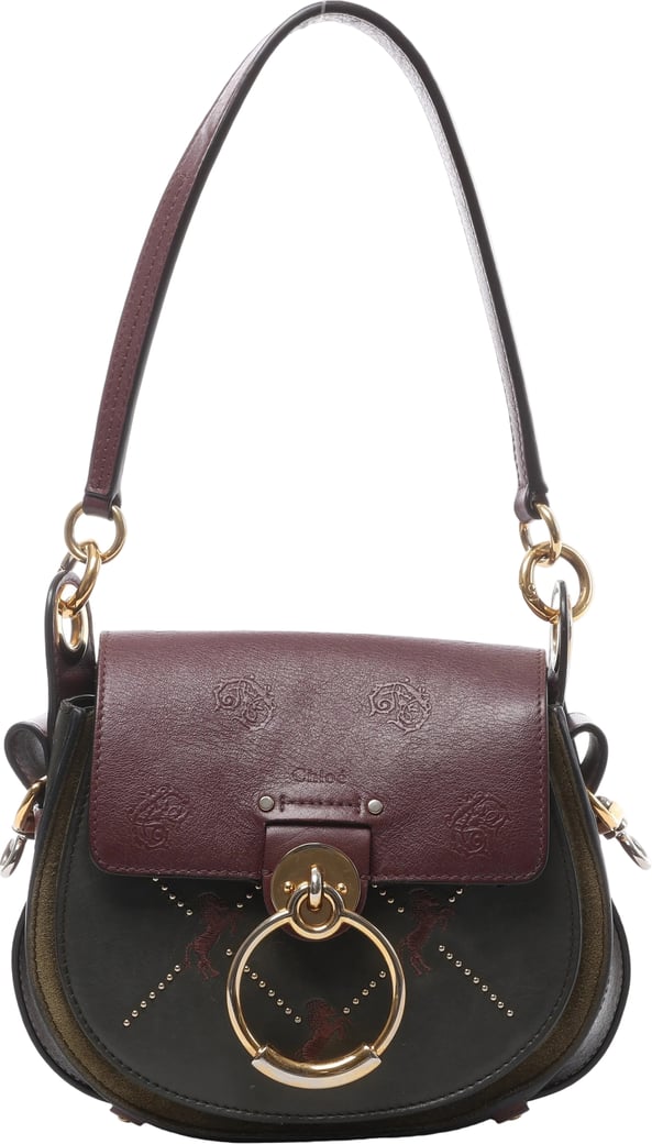 Chloe Tess Leather & Suede Shoulder bag in Green x Bordeaux